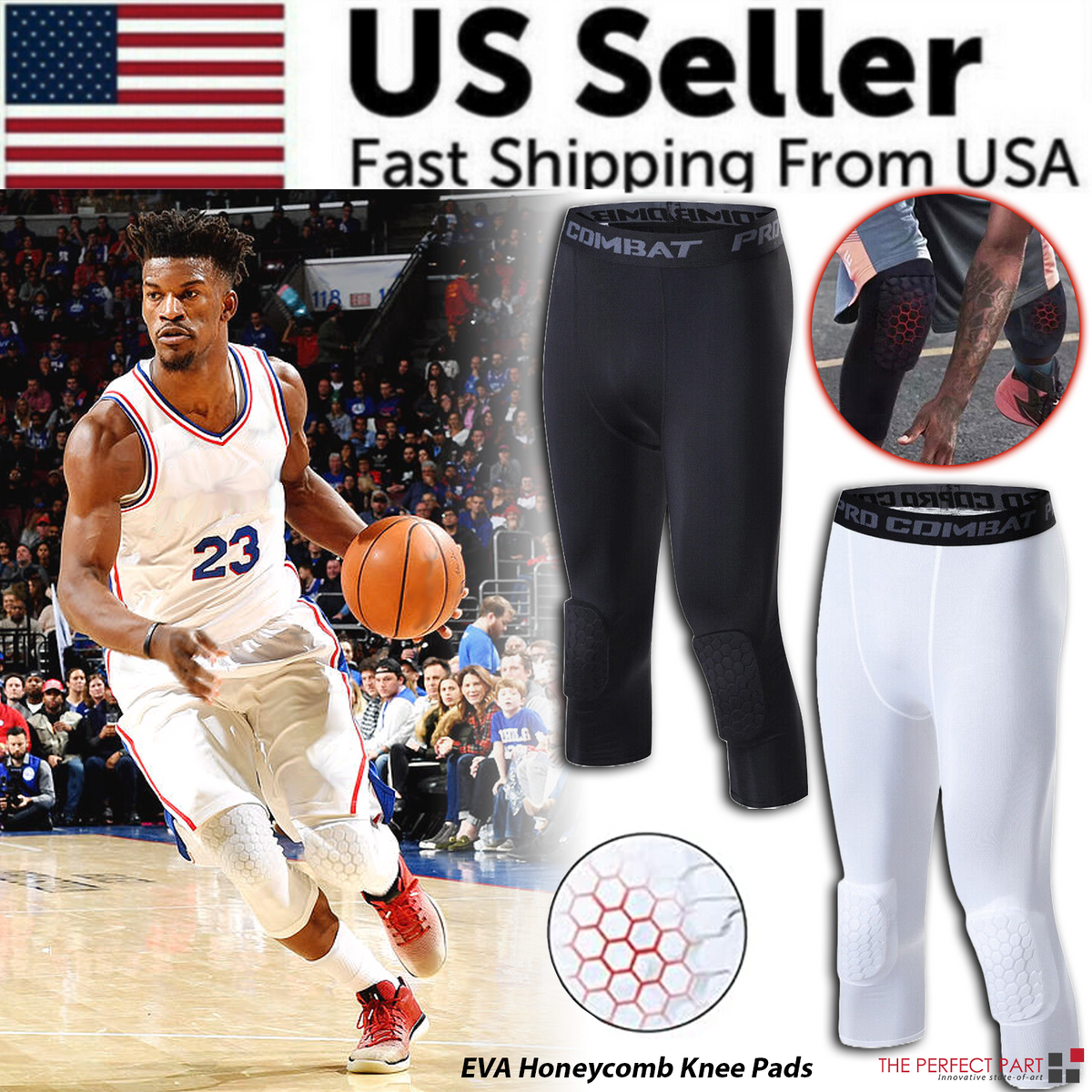 Men's 3/4 basketball compression tights with knee pads